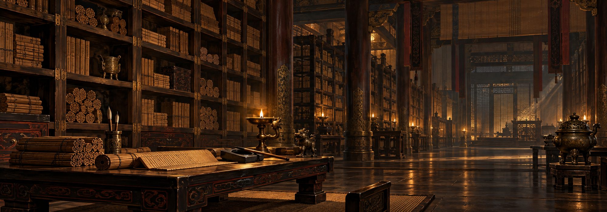 An imperial archive of bamboo scrolls by lamplight.