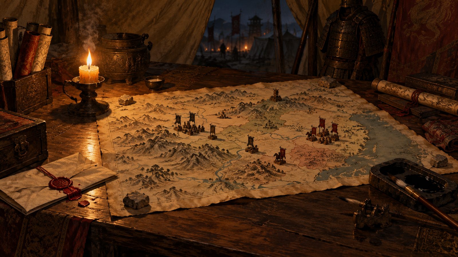 A strategist's map table in a war tent at night.