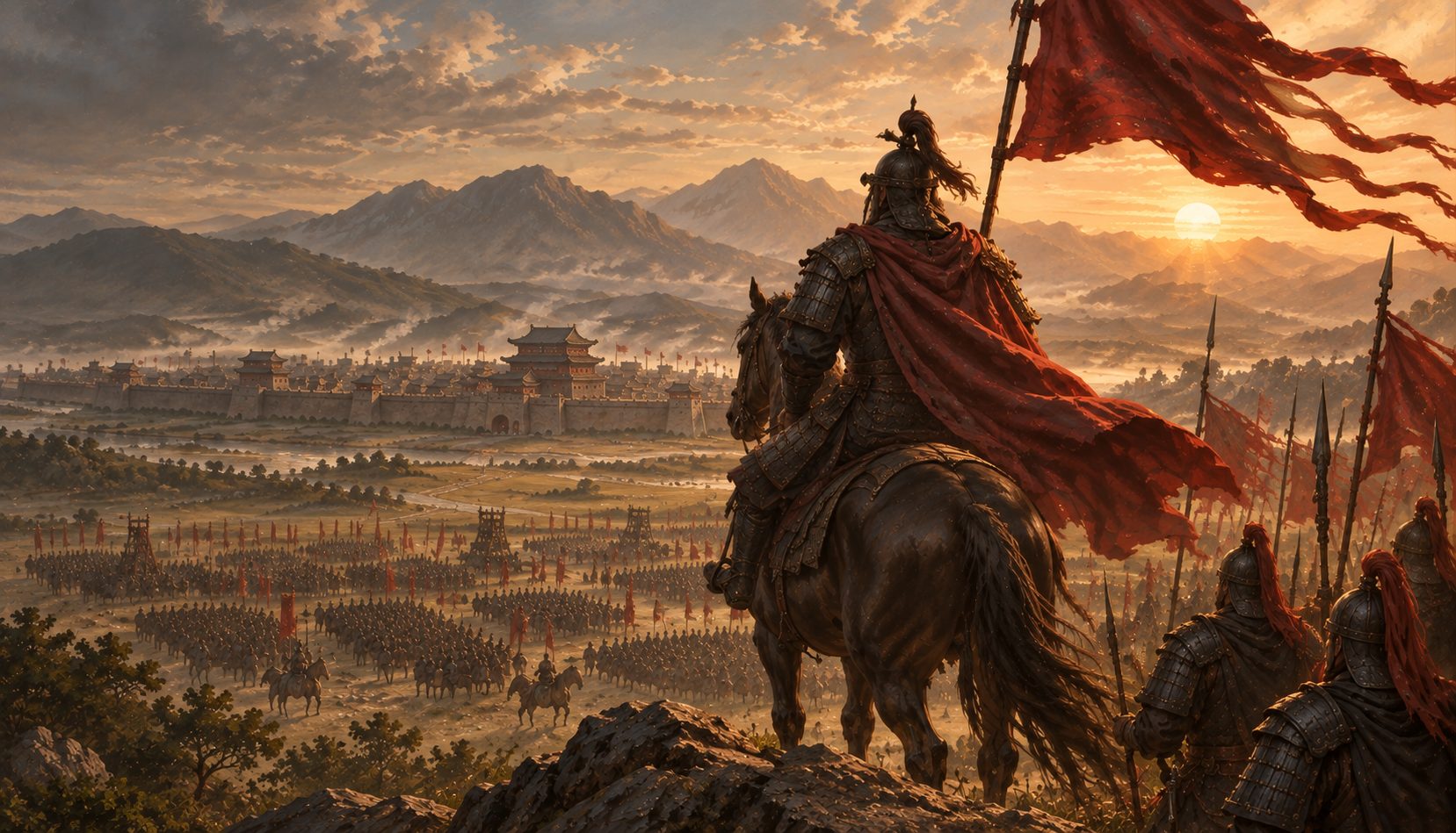 A mounted general looks over an army massed before a walled city at dusk.