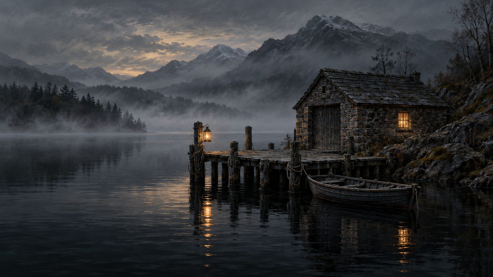 A stone boathouse and jetty on a still lake at dusk, one window lit.